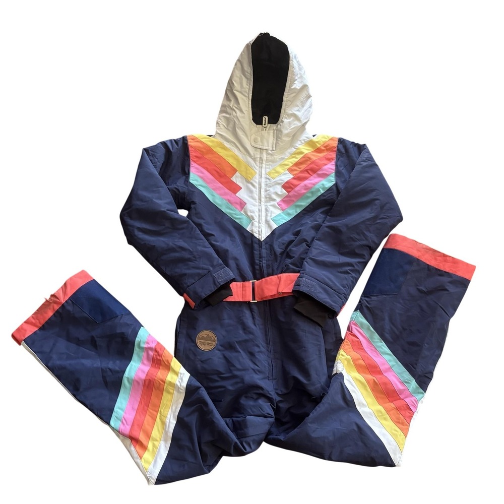 Tipsy Elves Jumpsuit Womens Small Blue Rainbow Ski Snow One Piece Hooded Retro